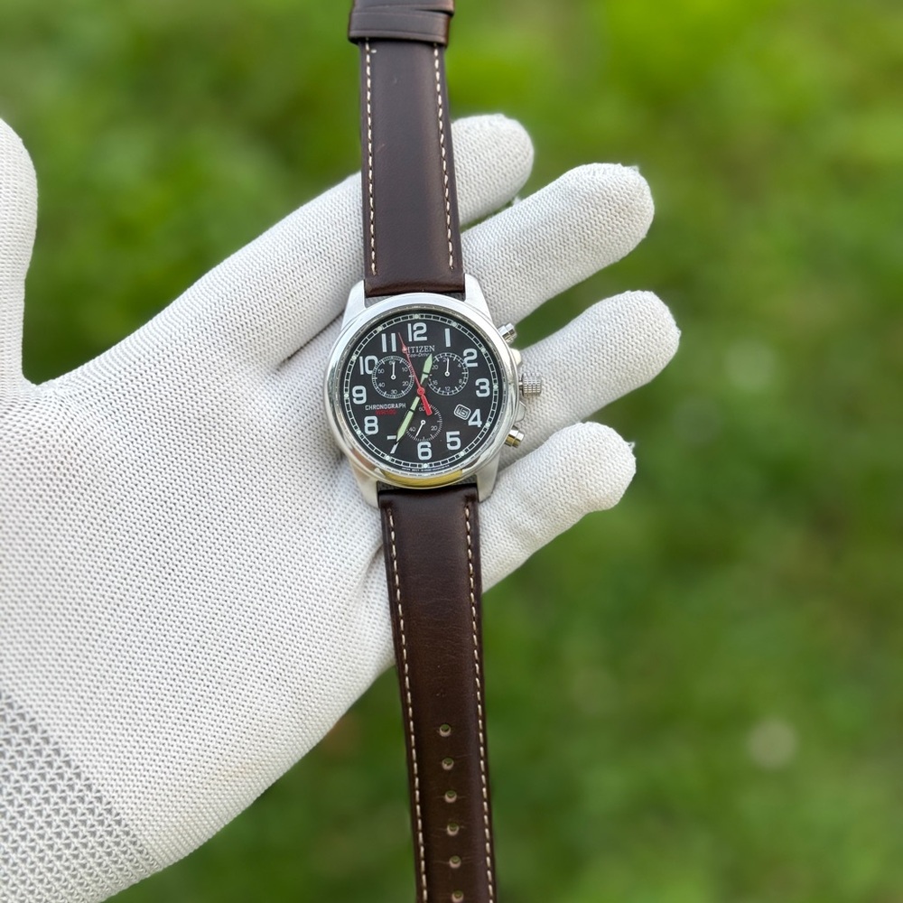 Citizen eco drive Chronograph with Black Dial and Brown Strap - Picture 7 of 9
